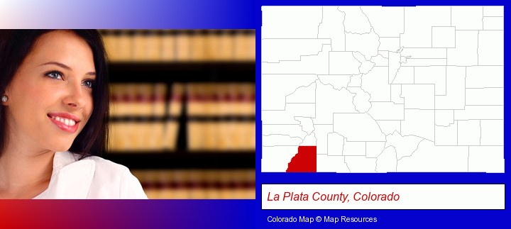 a young, female attorney in a law library; La Plata County, Colorado highlighted in red on a map