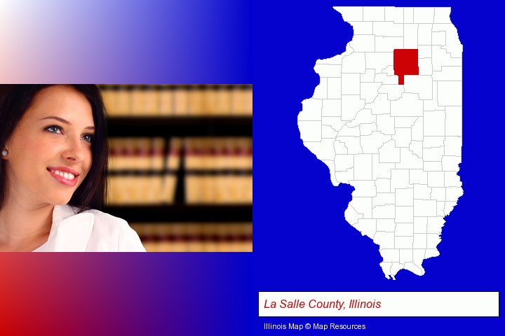 a young, female attorney in a law library; La Salle County, Illinois highlighted in red on a map