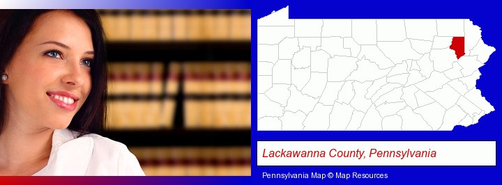 a young, female attorney in a law library; Lackawanna County, Pennsylvania highlighted in red on a map