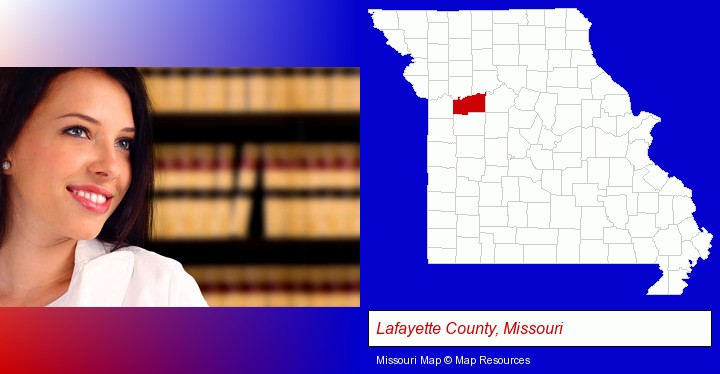 a young, female attorney in a law library; Lafayette County, Missouri highlighted in red on a map
