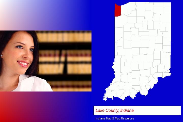 a young, female attorney in a law library; Lake County, Indiana highlighted in red on a map