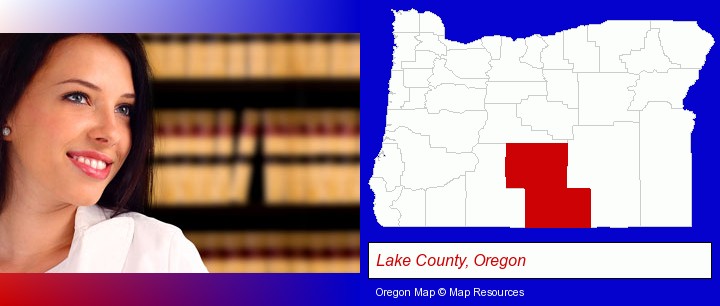 a young, female attorney in a law library; Lake County, Oregon highlighted in red on a map