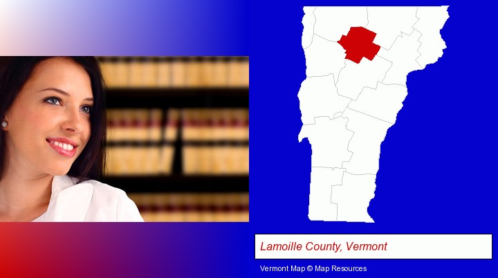 a young, female attorney in a law library; Lamoille County, Vermont highlighted in red on a map