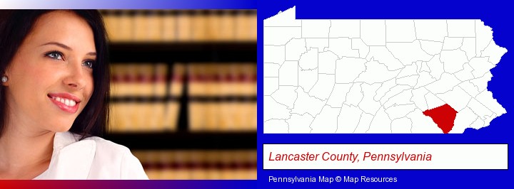 a young, female attorney in a law library; Lancaster County, Pennsylvania highlighted in red on a map
