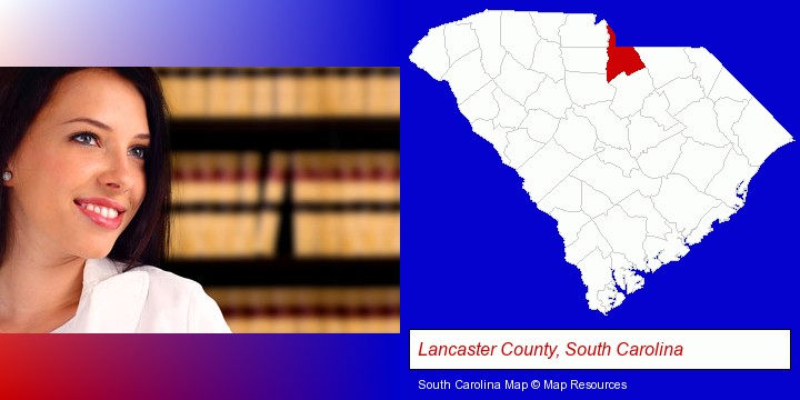 a young, female attorney in a law library; Lancaster County, South Carolina highlighted in red on a map