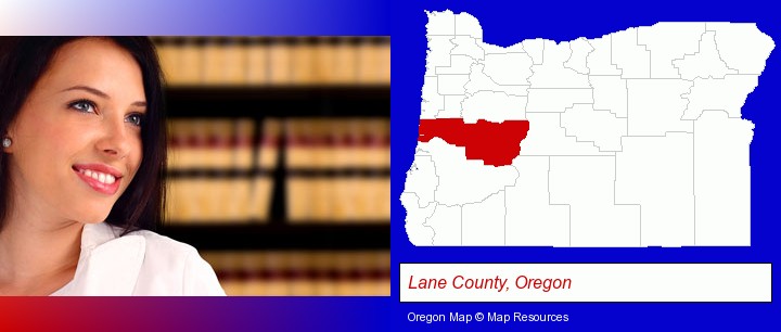 a young, female attorney in a law library; Lane County, Oregon highlighted in red on a map
