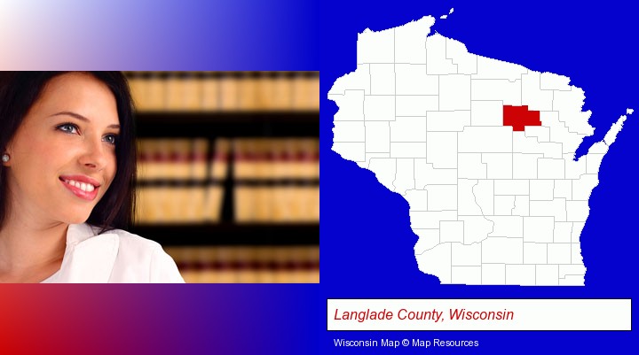a young, female attorney in a law library; Langlade County, Wisconsin highlighted in red on a map