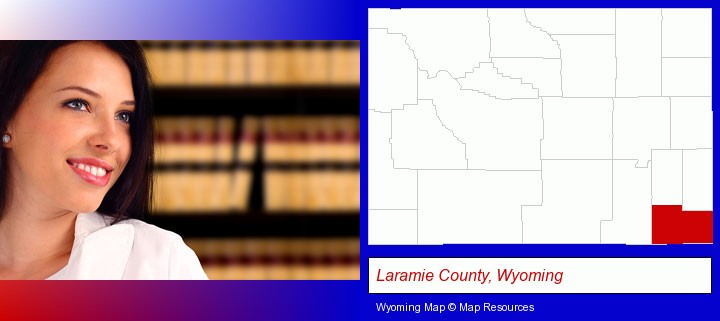 a young, female attorney in a law library; Laramie County, Wyoming highlighted in red on a map