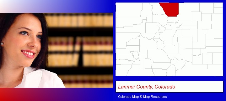 a young, female attorney in a law library; Larimer County, Colorado highlighted in red on a map