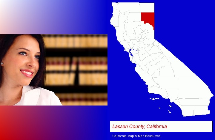 a young, female attorney in a law library; Lassen County, California highlighted in red on a map
