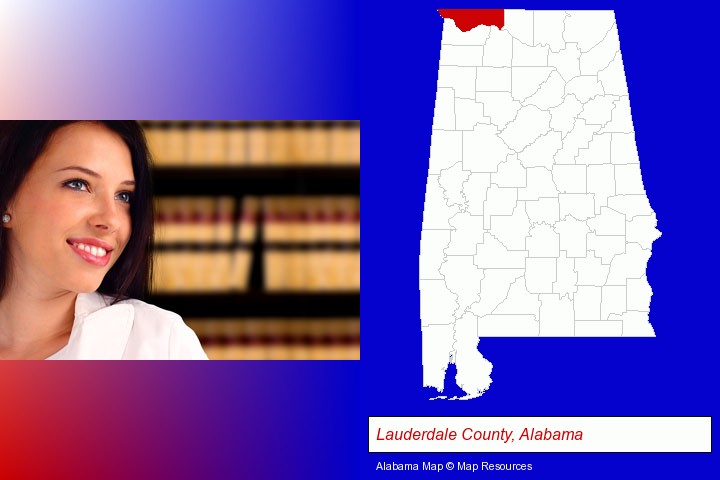 a young, female attorney in a law library; Lauderdale County, Alabama highlighted in red on a map