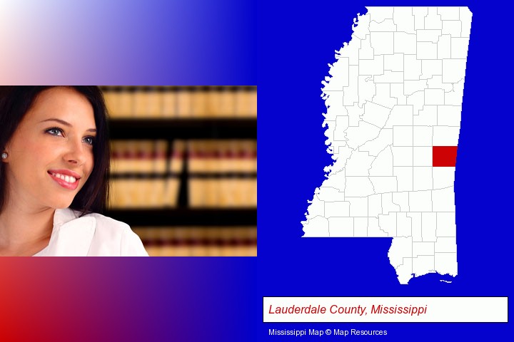 a young, female attorney in a law library; Lauderdale County, Mississippi highlighted in red on a map