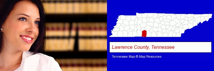 a young, female attorney in a law library; Lawrence County, Tennessee highlighted in red on a map