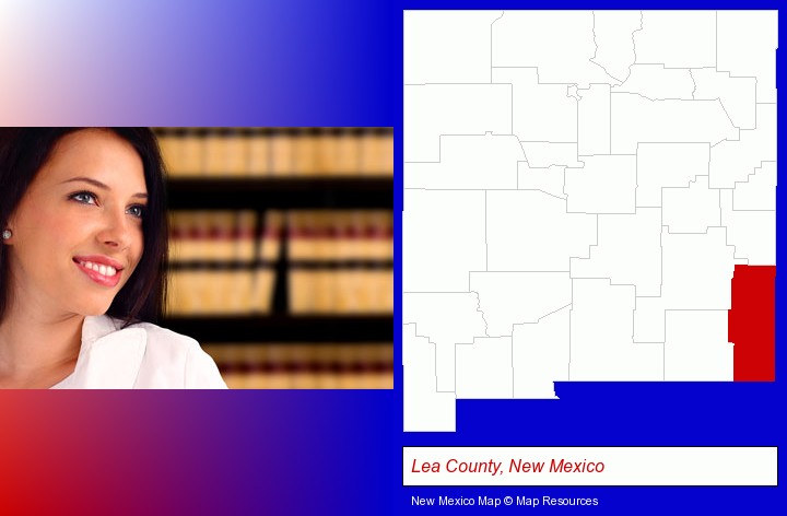 a young, female attorney in a law library; Lea County, New Mexico highlighted in red on a map