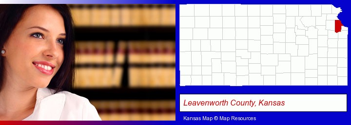 a young, female attorney in a law library; Leavenworth County, Kansas highlighted in red on a map