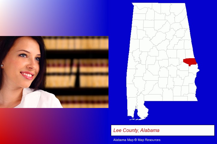 a young, female attorney in a law library; Lee County, Alabama highlighted in red on a map