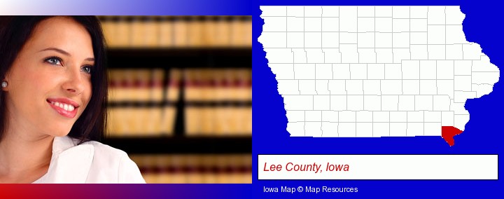 a young, female attorney in a law library; Lee County, Iowa highlighted in red on a map