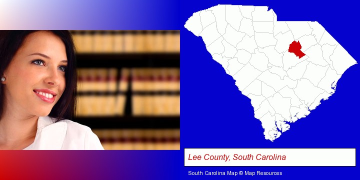 a young, female attorney in a law library; Lee County, South Carolina highlighted in red on a map