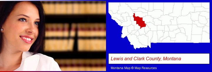 a young, female attorney in a law library; Lewis and Clark County, Montana highlighted in red on a map