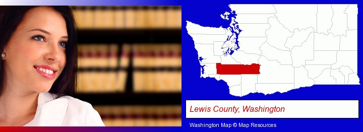 a young, female attorney in a law library; Lewis County, Washington highlighted in red on a map