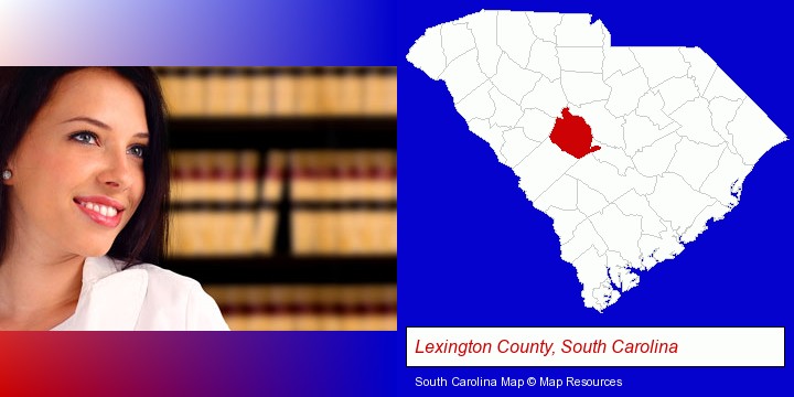 a young, female attorney in a law library; Lexington County, South Carolina highlighted in red on a map