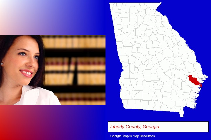 a young, female attorney in a law library; Liberty County, Georgia highlighted in red on a map