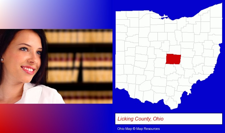 a young, female attorney in a law library; Licking County, Ohio highlighted in red on a map