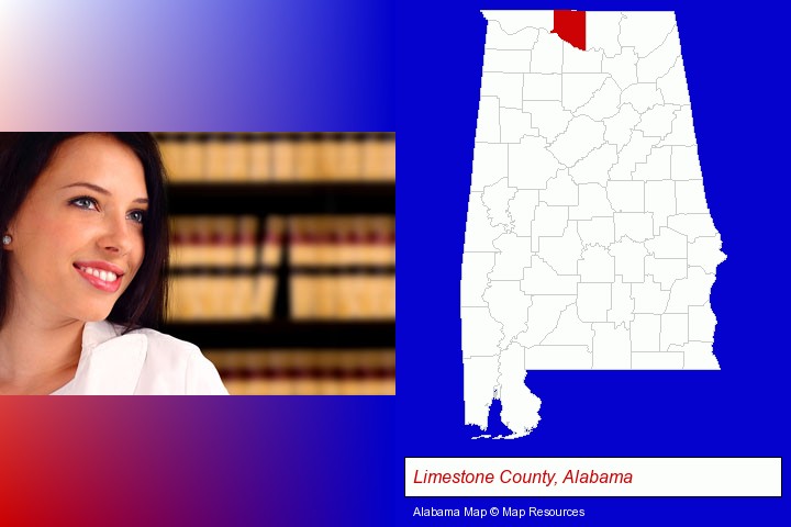 a young, female attorney in a law library; Limestone County, Alabama highlighted in red on a map