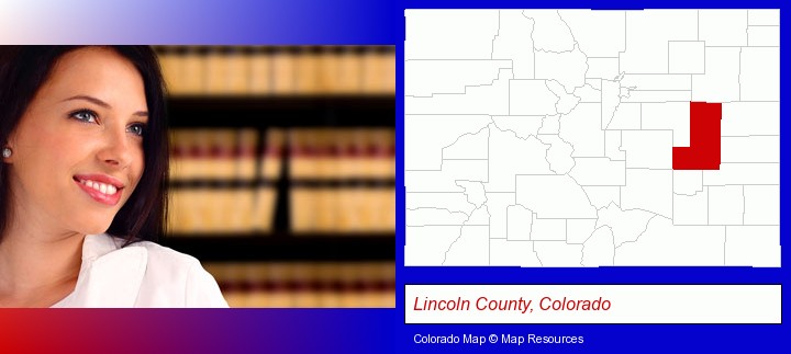 a young, female attorney in a law library; Lincoln County, Colorado highlighted in red on a map