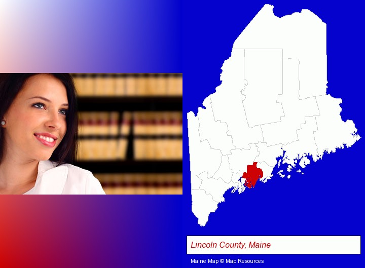 a young, female attorney in a law library; Lincoln County, Maine highlighted in red on a map