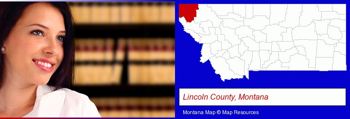 a young, female attorney in a law library; Lincoln County, Montana highlighted in red on a map