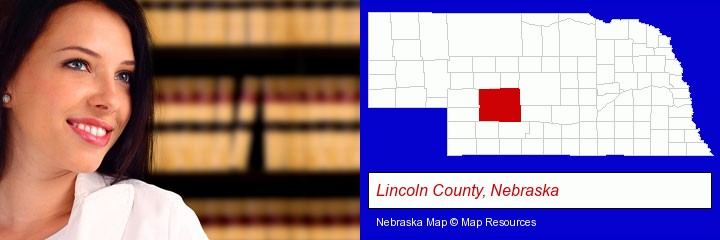 a young, female attorney in a law library; Lincoln County, Nebraska highlighted in red on a map