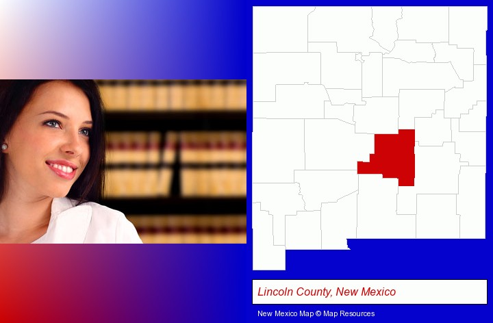 a young, female attorney in a law library; Lincoln County, New Mexico highlighted in red on a map
