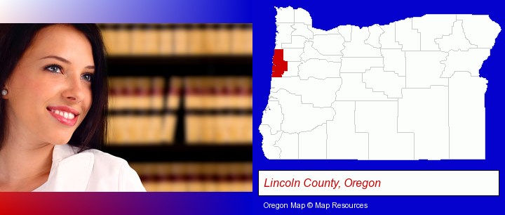 a young, female attorney in a law library; Lincoln County, Oregon highlighted in red on a map