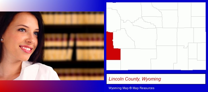 a young, female attorney in a law library; Lincoln County, Wyoming highlighted in red on a map