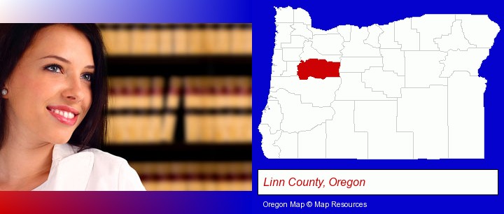 a young, female attorney in a law library; Linn County, Oregon highlighted in red on a map