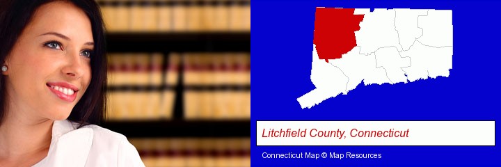 a young, female attorney in a law library; Litchfield County, Connecticut highlighted in red on a map
