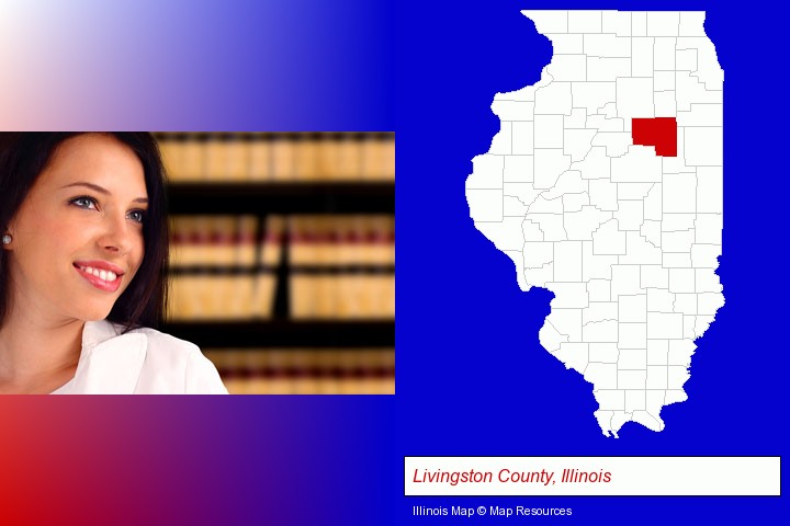 a young, female attorney in a law library; Livingston County, Illinois highlighted in red on a map