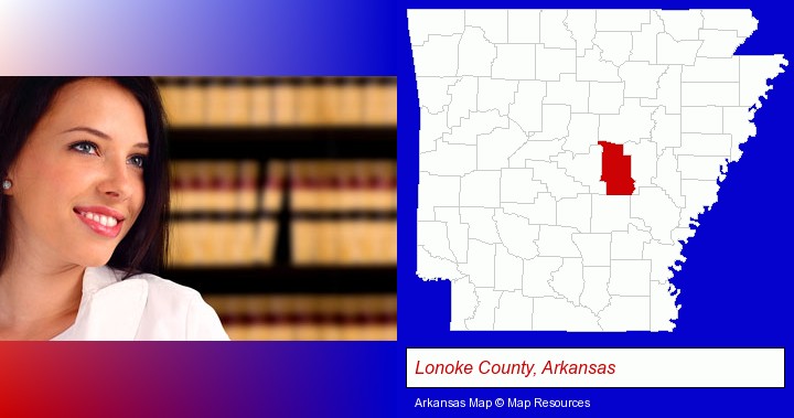 a young, female attorney in a law library; Lonoke County, Arkansas highlighted in red on a map