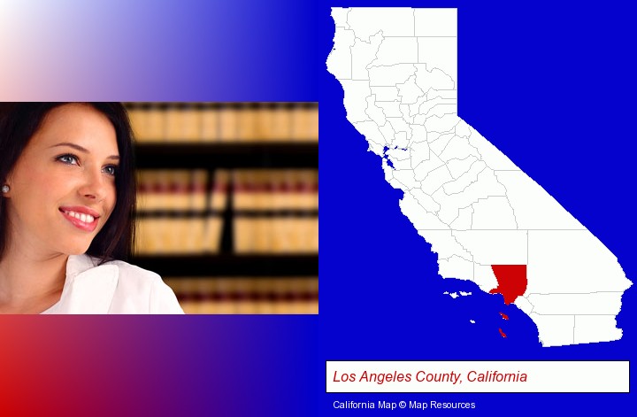 a young, female attorney in a law library; Los Angeles County, California highlighted in red on a map