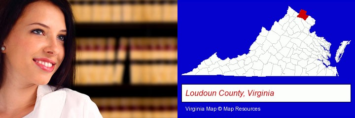 a young, female attorney in a law library; Loudoun County, Virginia highlighted in red on a map