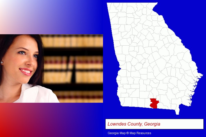 a young, female attorney in a law library; Lowndes County, Georgia highlighted in red on a map
