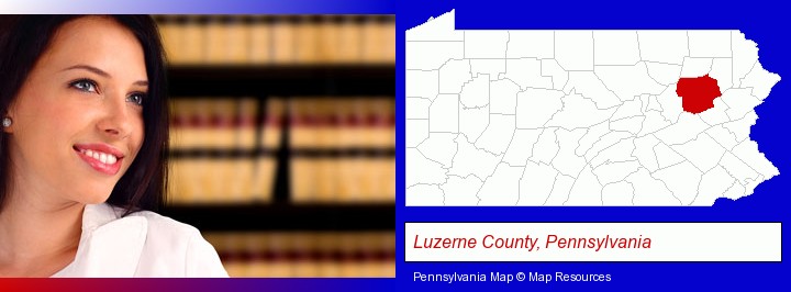 a young, female attorney in a law library; Luzerne County, Pennsylvania highlighted in red on a map
