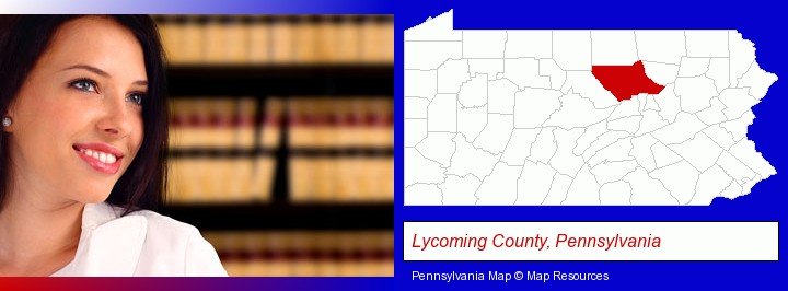 a young, female attorney in a law library; Lycoming County, Pennsylvania highlighted in red on a map
