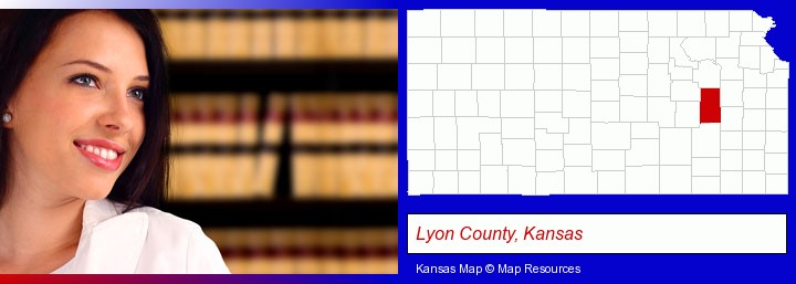 a young, female attorney in a law library; Lyon County, Kansas highlighted in red on a map