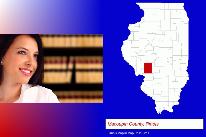 a young, female attorney in a law library; Macoupin County, Illinois highlighted in red on a map