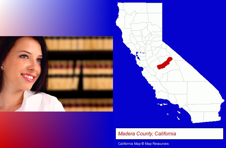 a young, female attorney in a law library; Madera County, California highlighted in red on a map