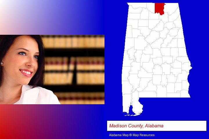 a young, female attorney in a law library; Madison County, Alabama highlighted in red on a map