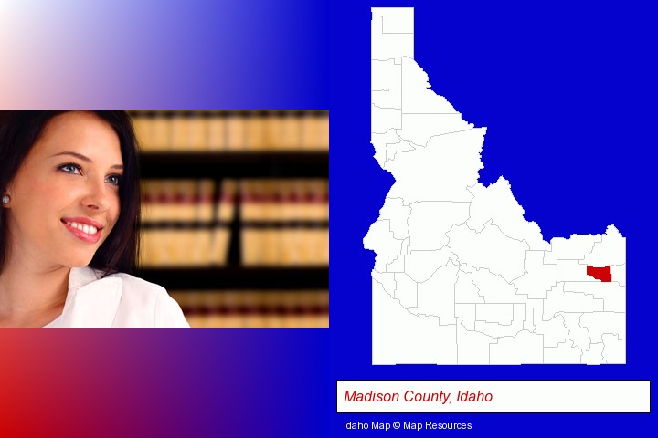 a young, female attorney in a law library; Madison County, Idaho highlighted in red on a map