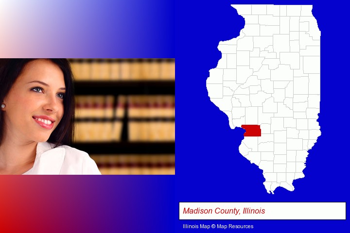 a young, female attorney in a law library; Madison County, Illinois highlighted in red on a map